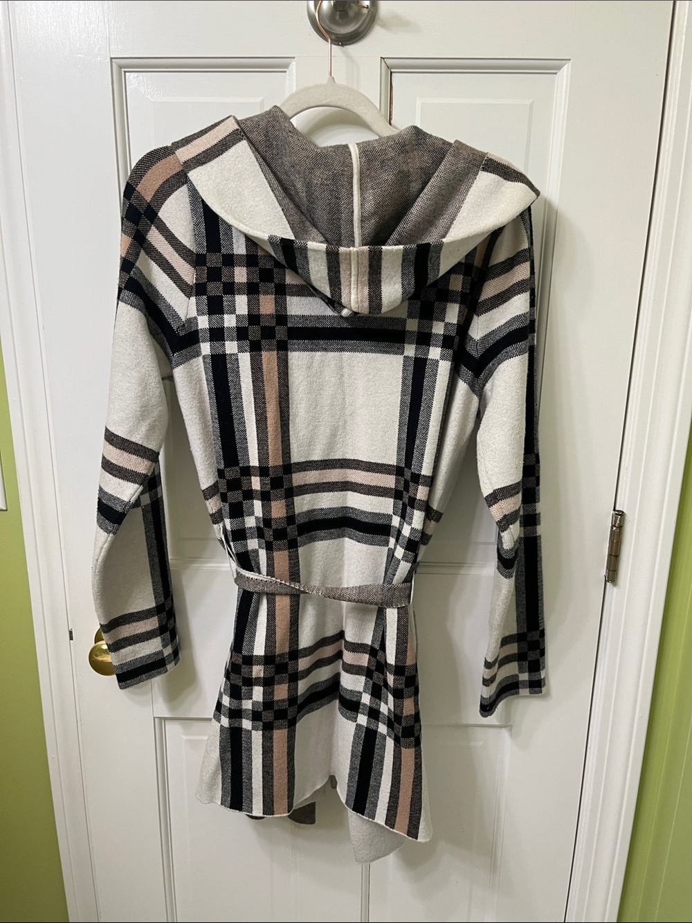 Christian Siriano Plaid Hooded Wrap Sweater Coat - Cream, Gray, Black, Brown - Picture 9 of 14
